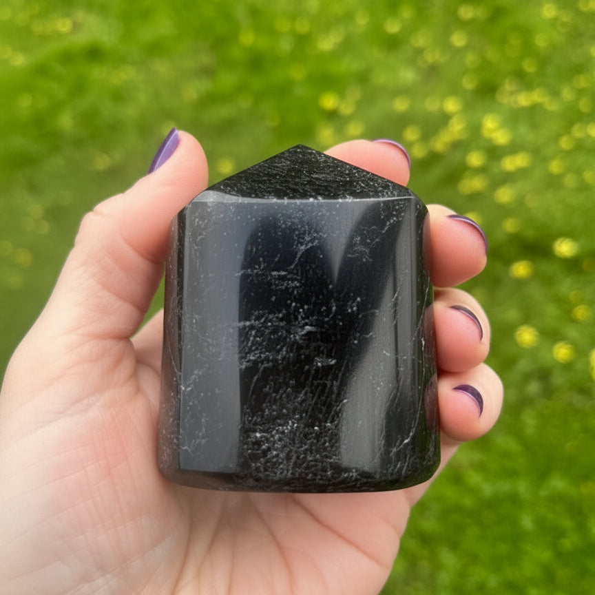 Hand holding a black tourmaline crystal against a green grass background