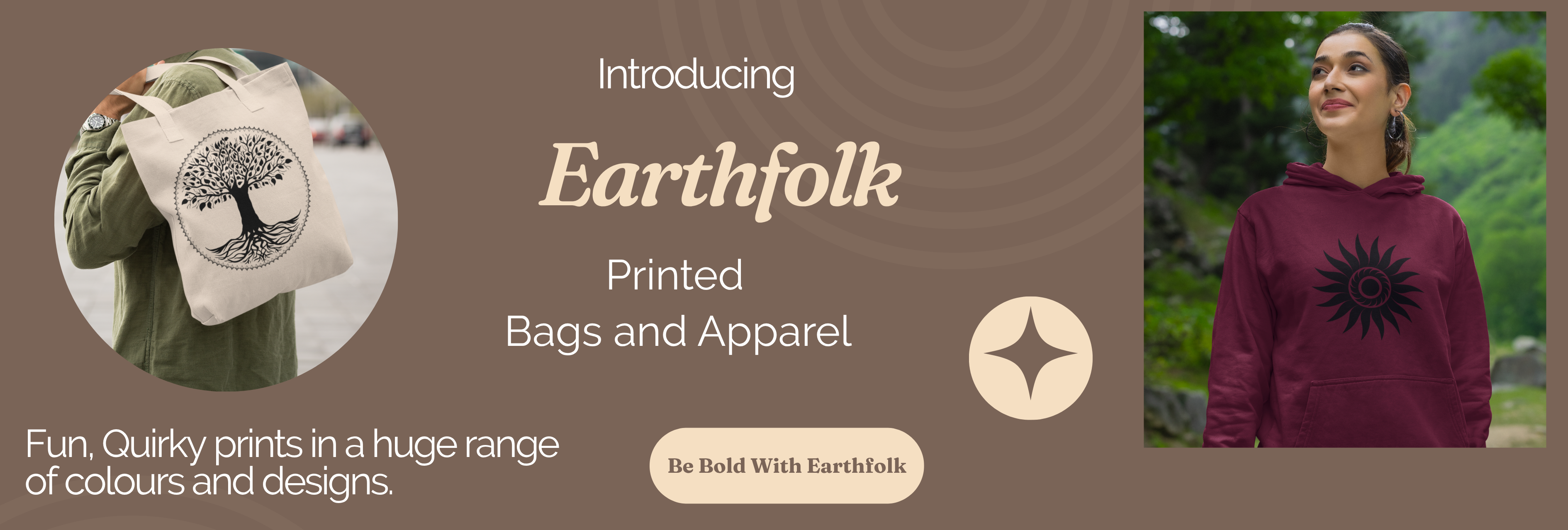 Promotional banner for Earthfolk printed bags and apparel with a person holding a tote bag and wearing a hoodie.
