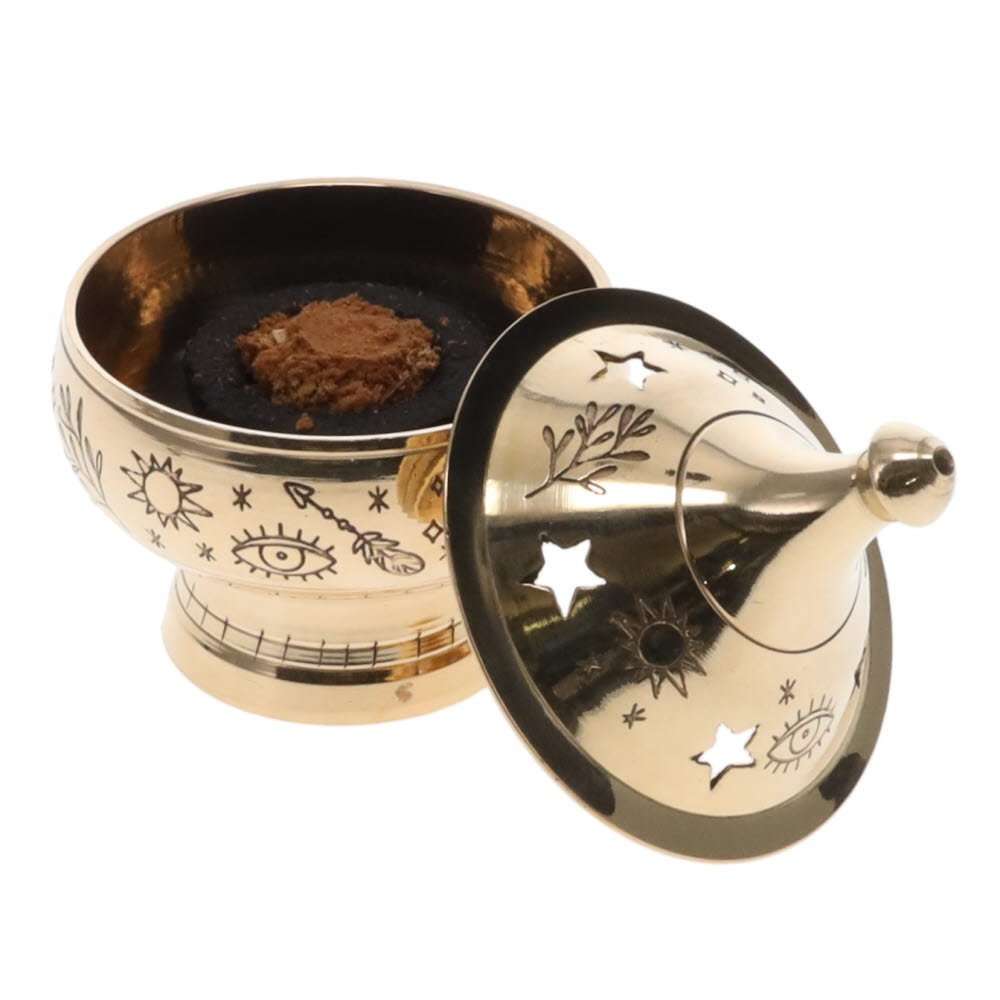 Brass Incense Burner - Decorative Evil Eye, Herbs and Sun