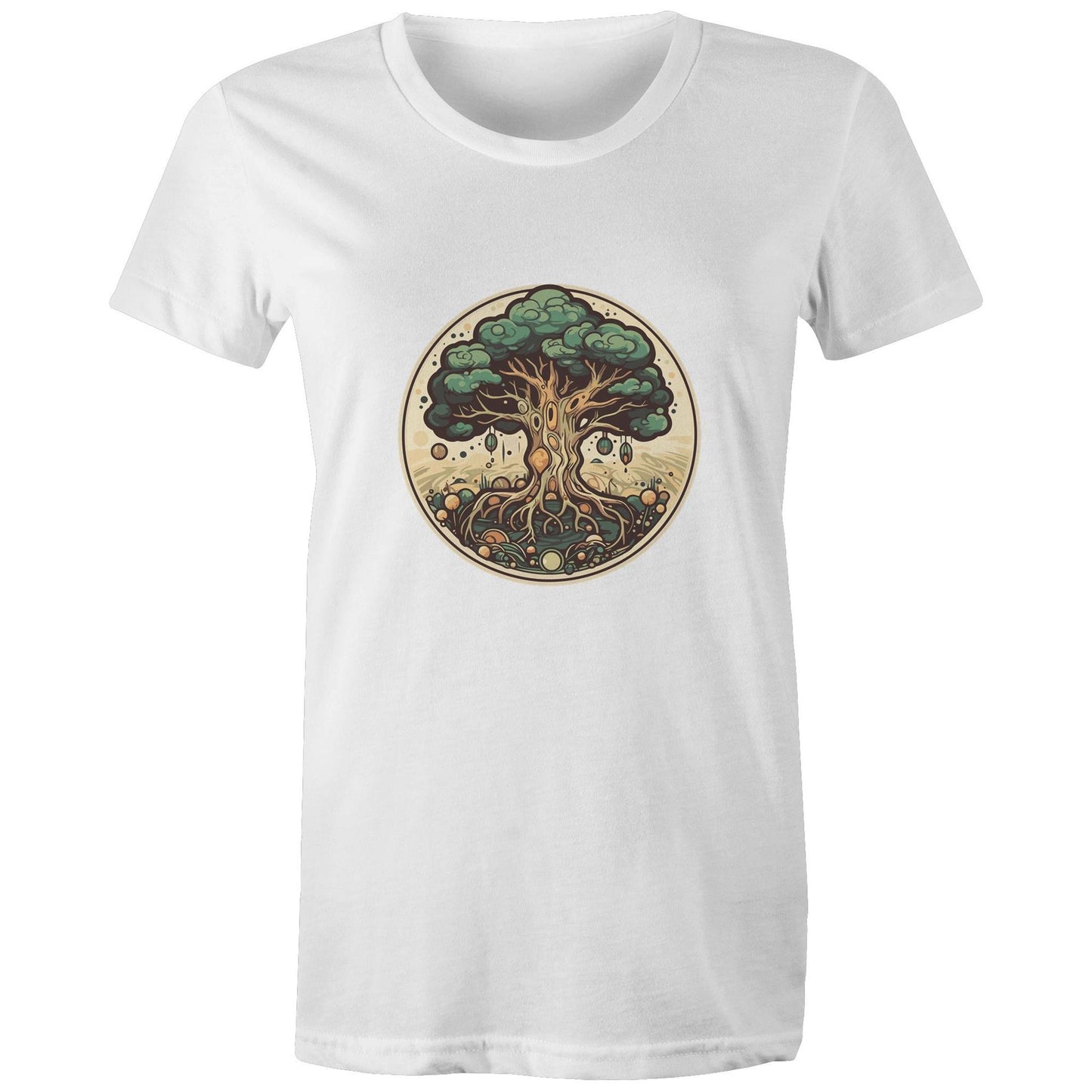 Earthfolk printed t shirt - Womans Relaxed Fit - Circular Tree - The Crescent Moon