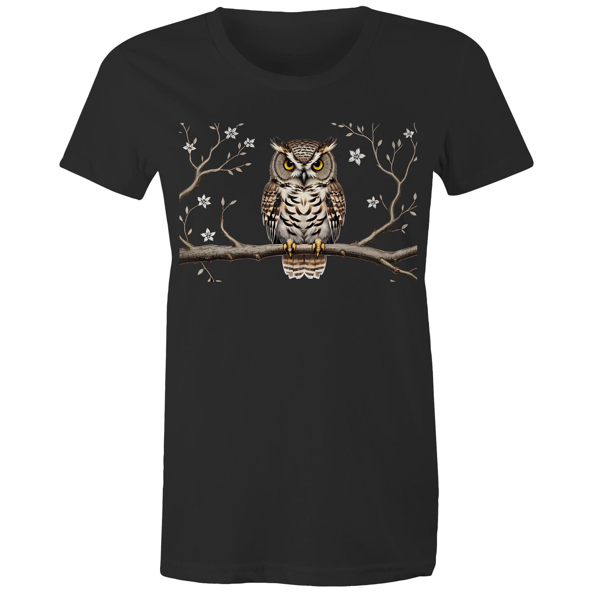 Women's Earthfolk T shirt - Perched Owl - The Crescent Moon