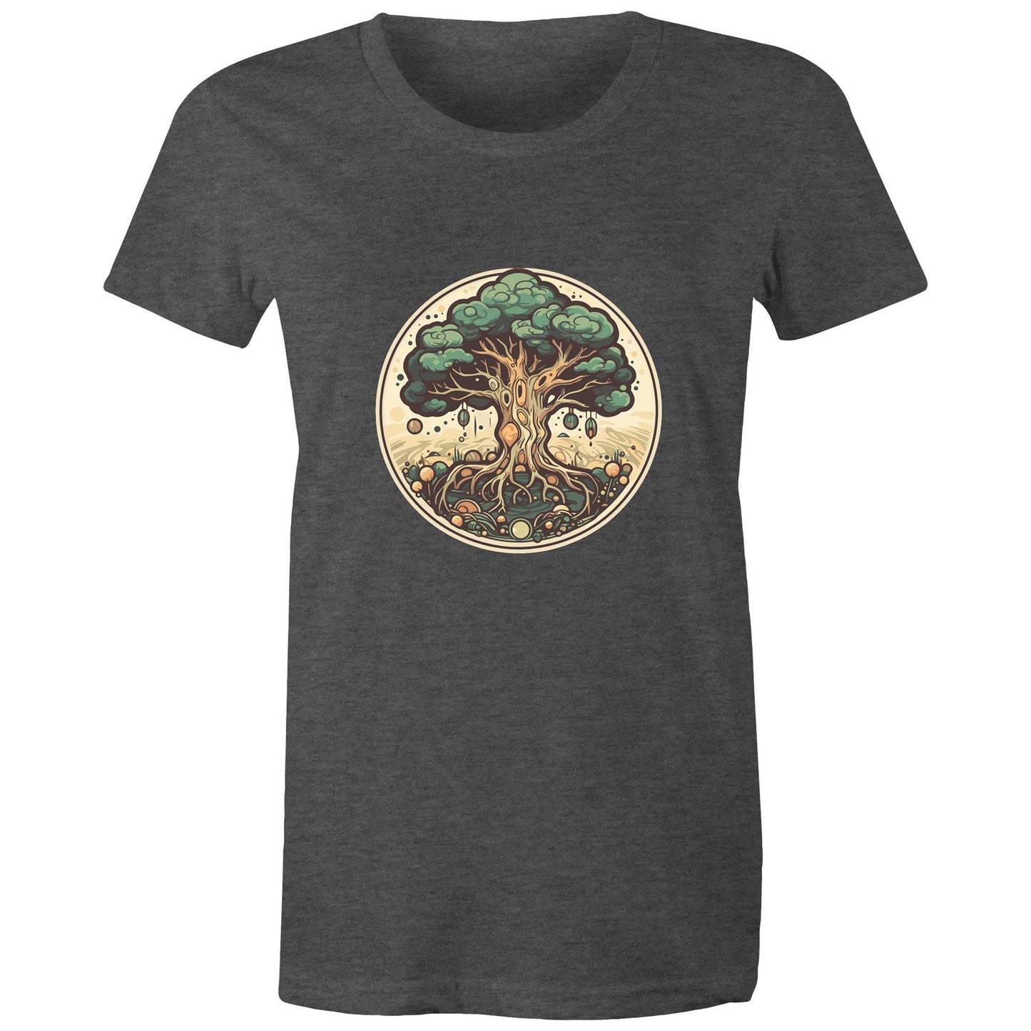 Earthfolk printed t shirt - Womans Relaxed Fit - Circular Tree - The Crescent Moon