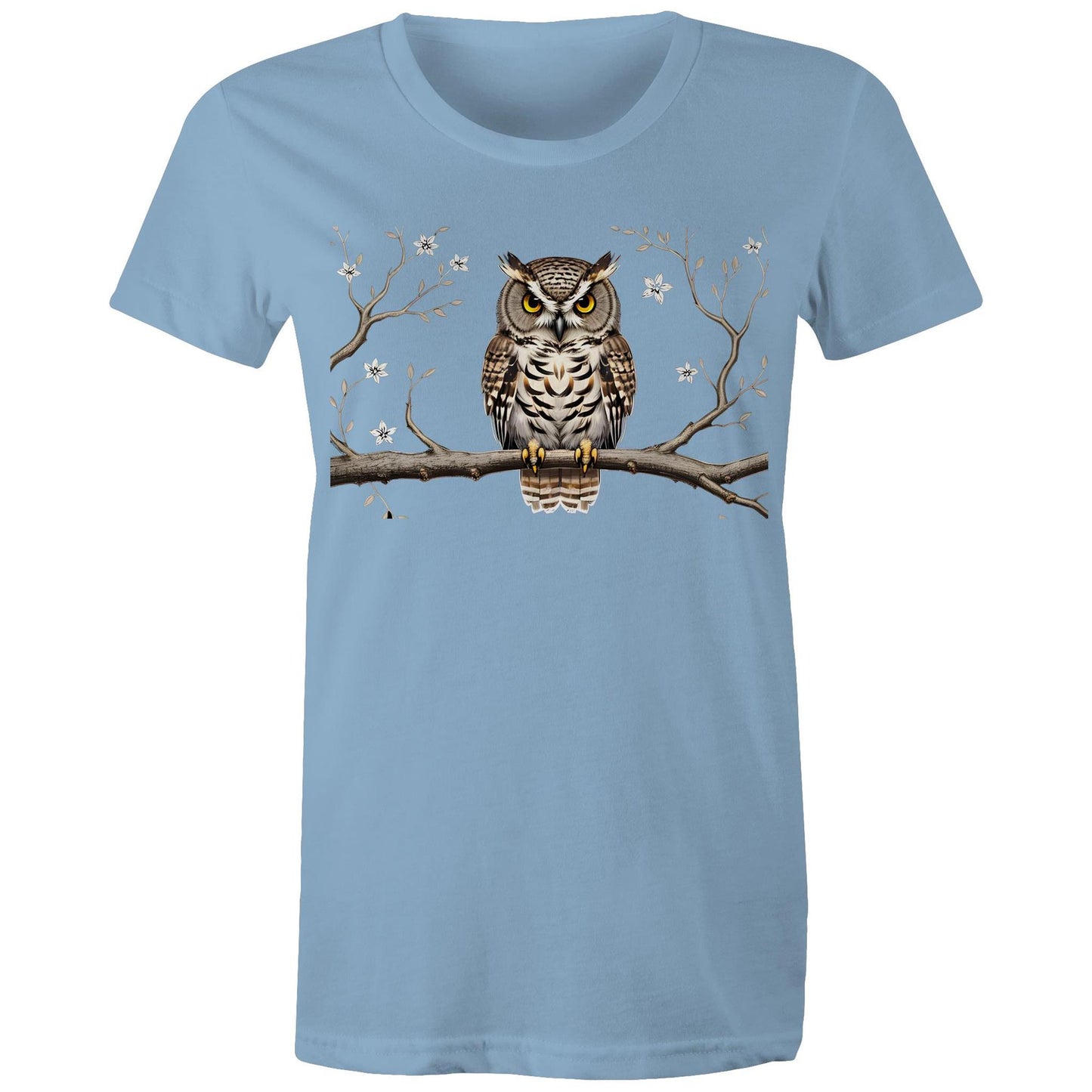 Women's Earthfolk T shirt - Perched Owl - The Crescent Moon
