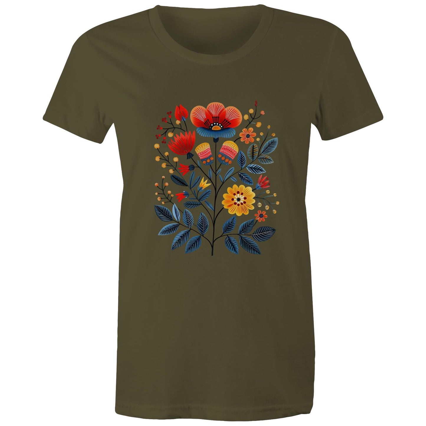 Women's earthfolk T shirt - Scandi Folk Flowers - The Crescent Moon