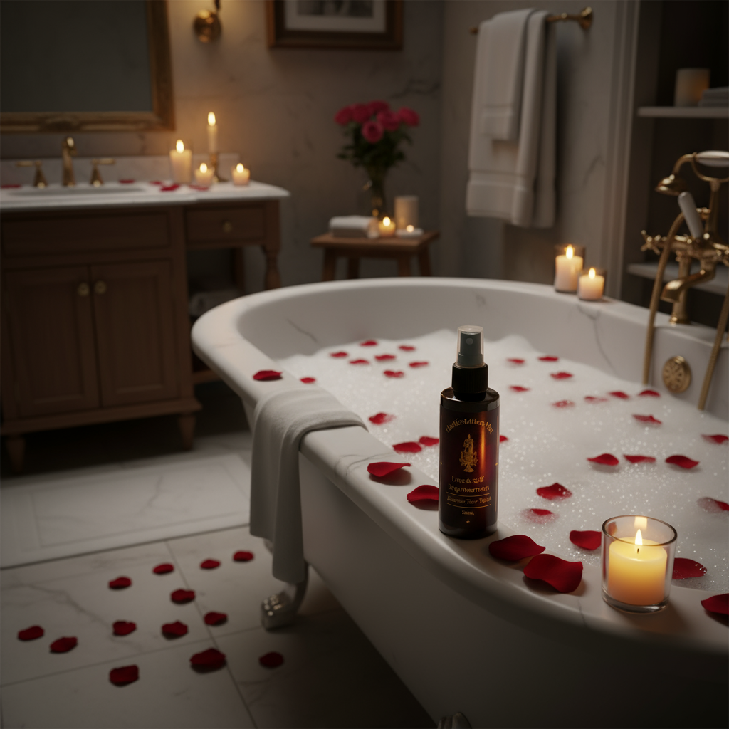 Bottle of 'Manifestation Mist' on a bath edge with bubbles and rose petals