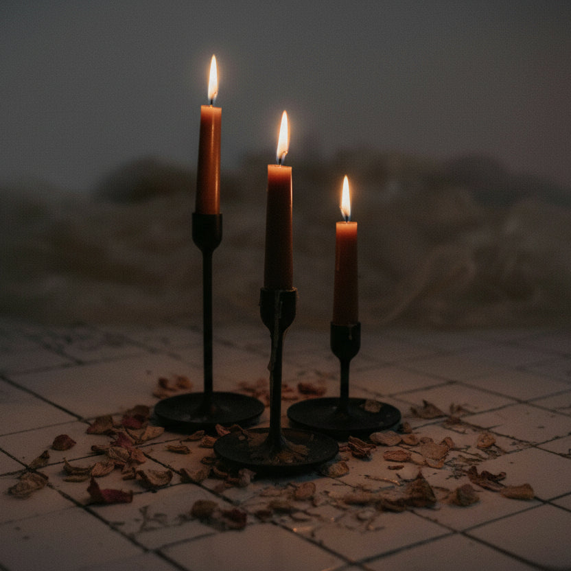 Three lit ritual spell candles on a tiled surface with a dark background