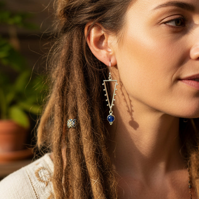 Silver earrings with blue gemstones on a white surface 