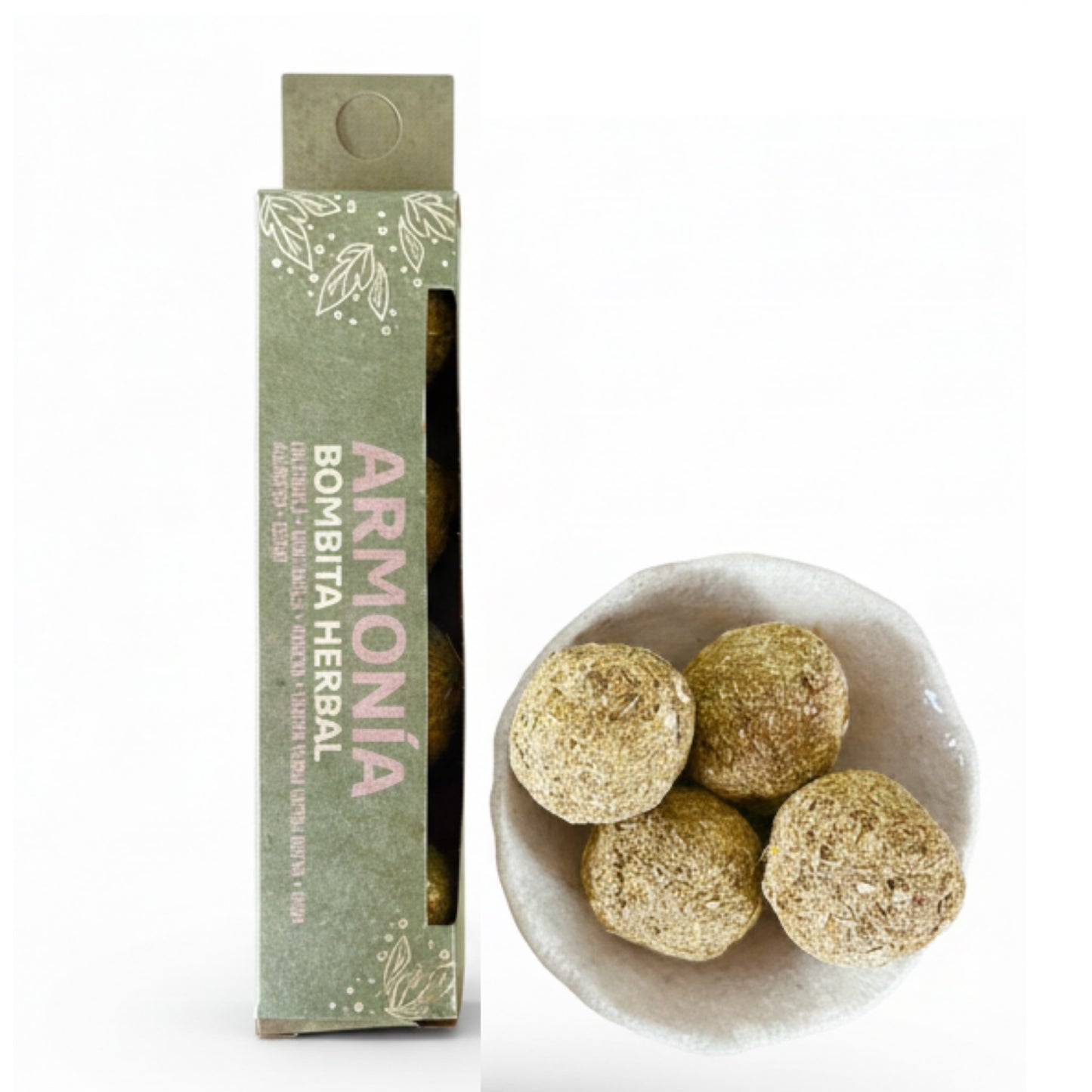 Herbal balls in a bowl with packaging labeled 'Armonía' on a white background