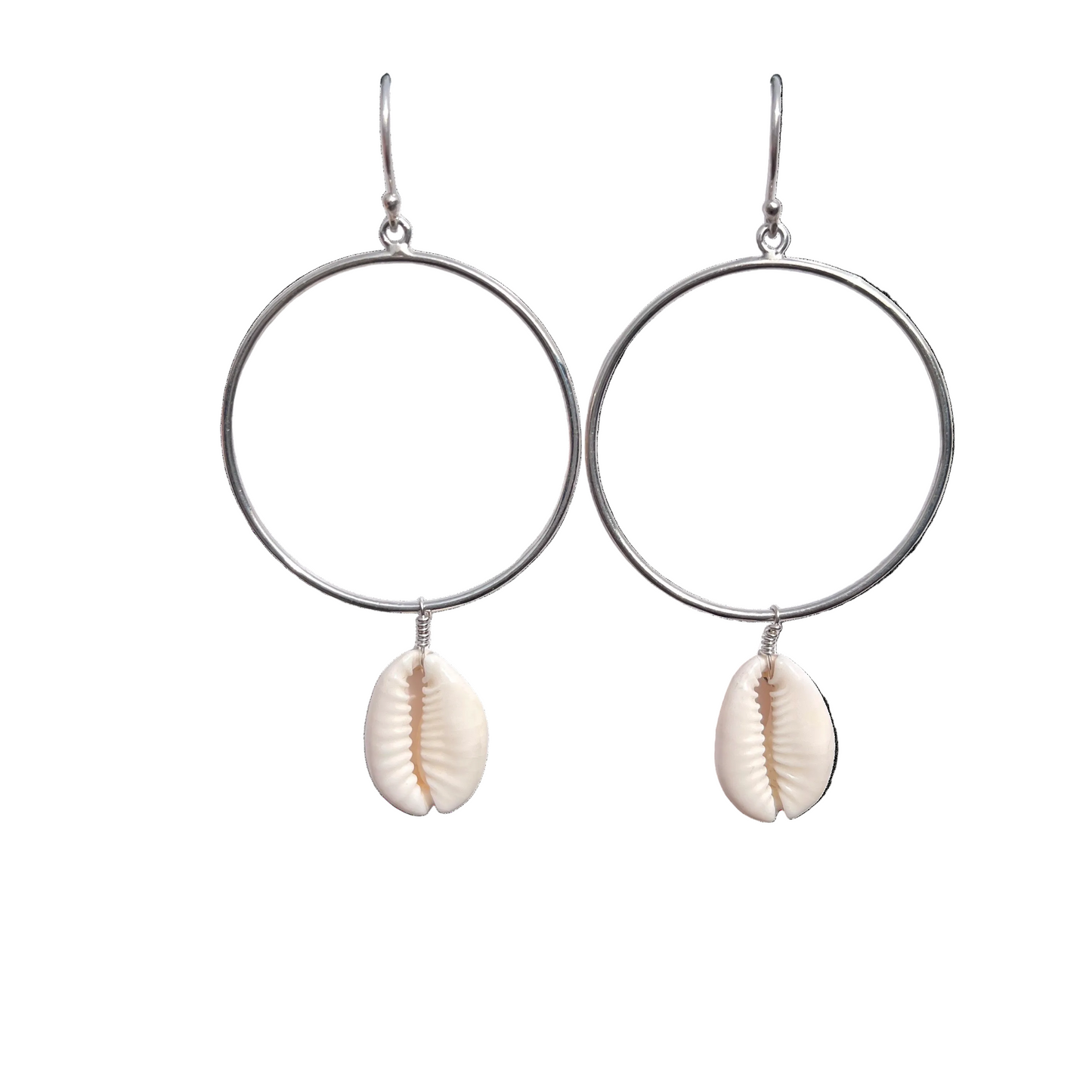Hoop earrings with shell pendants on a white background