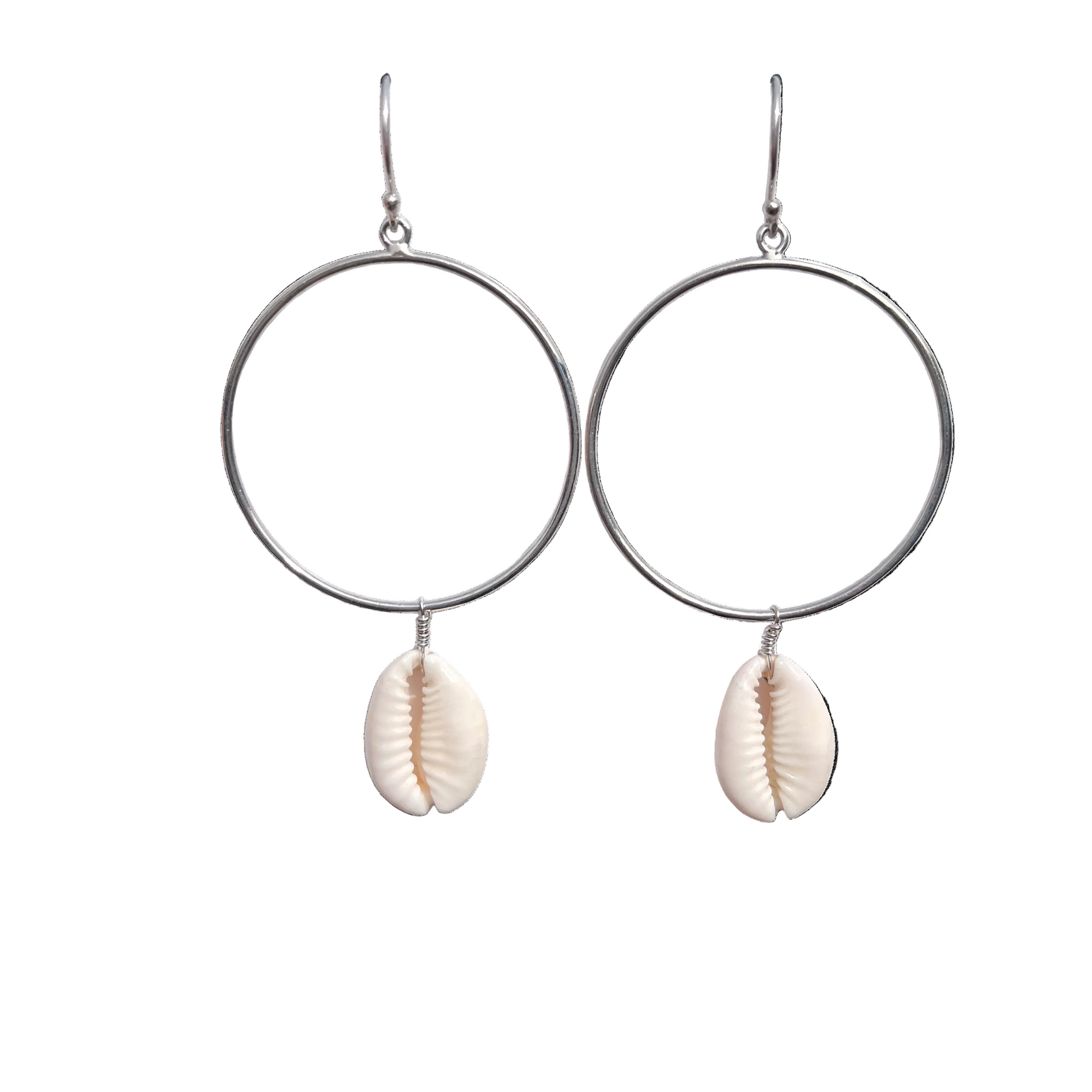 Hoop earrings with shell pendants on a white background