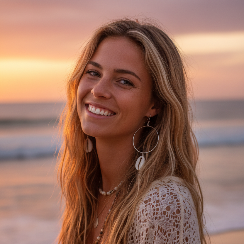 Hoop earrings with shell pendants worn by lady on the beach