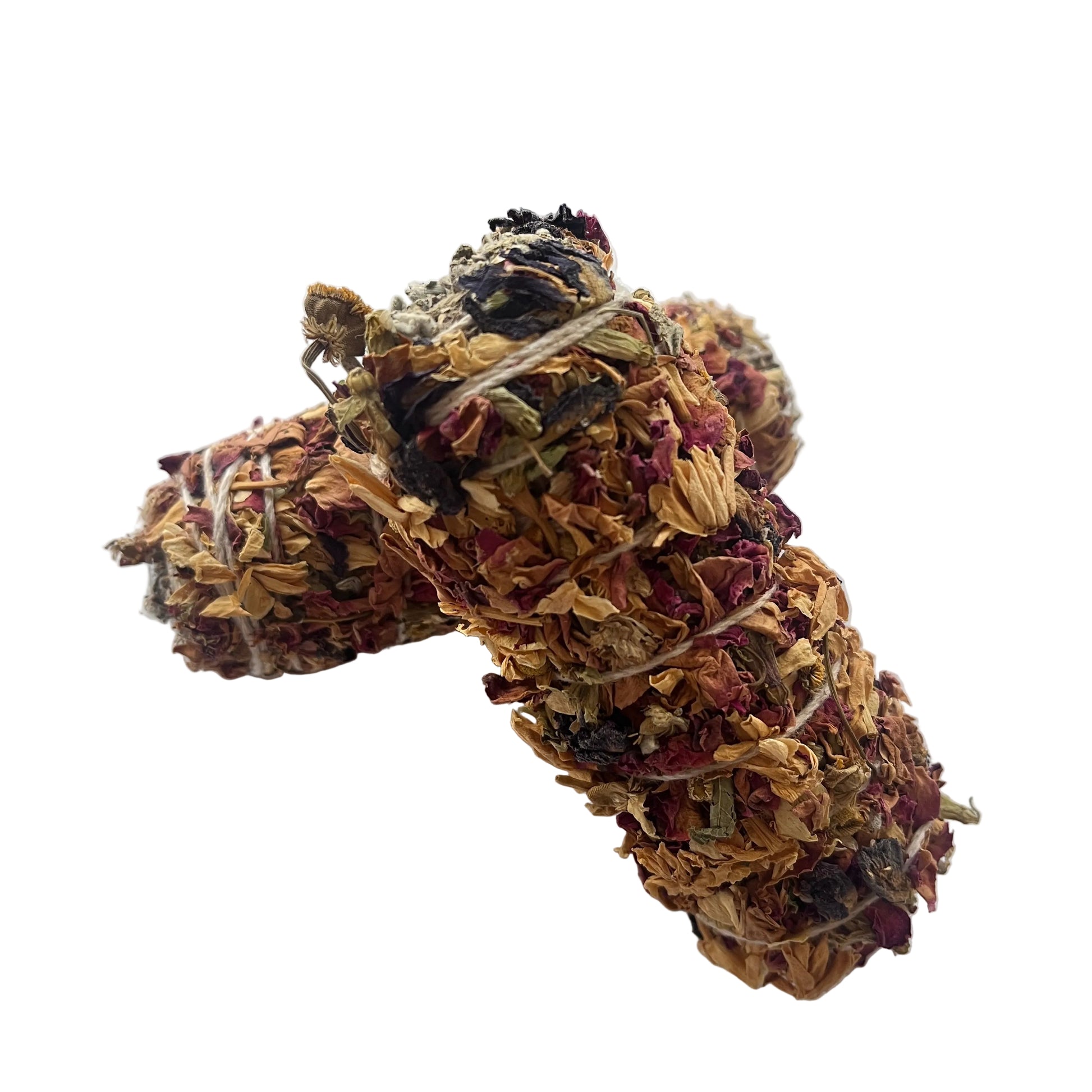blue pea, rose, jasmine and chamomile white sage smudge stick