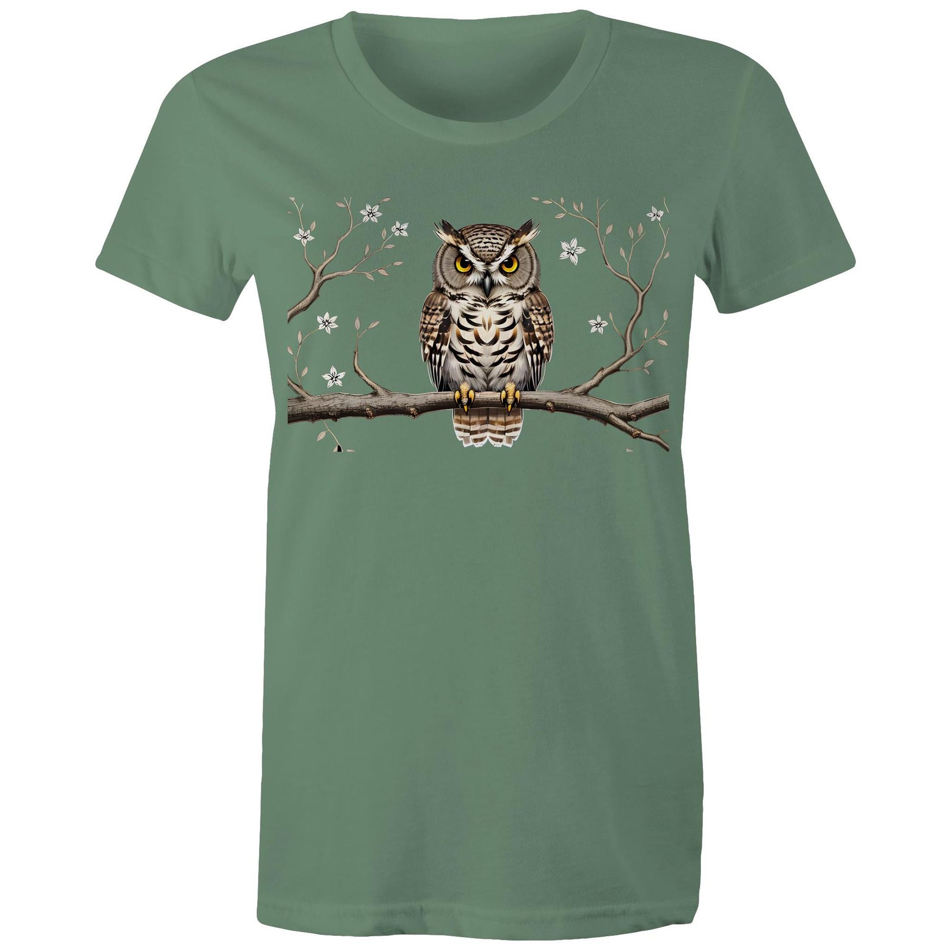 Women's Earthfolk T shirt - Perched Owl - The Crescent Moon
