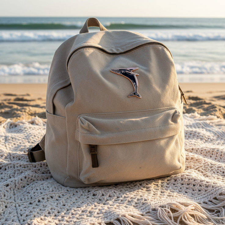 humpback whale enamel pin on a backpack
