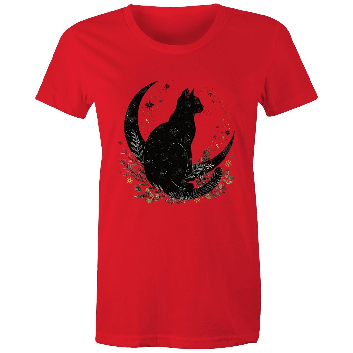 Earthfolk Printed T Shirt - Women's Relaxed Fit - Moon Cat - The Crescent Moon