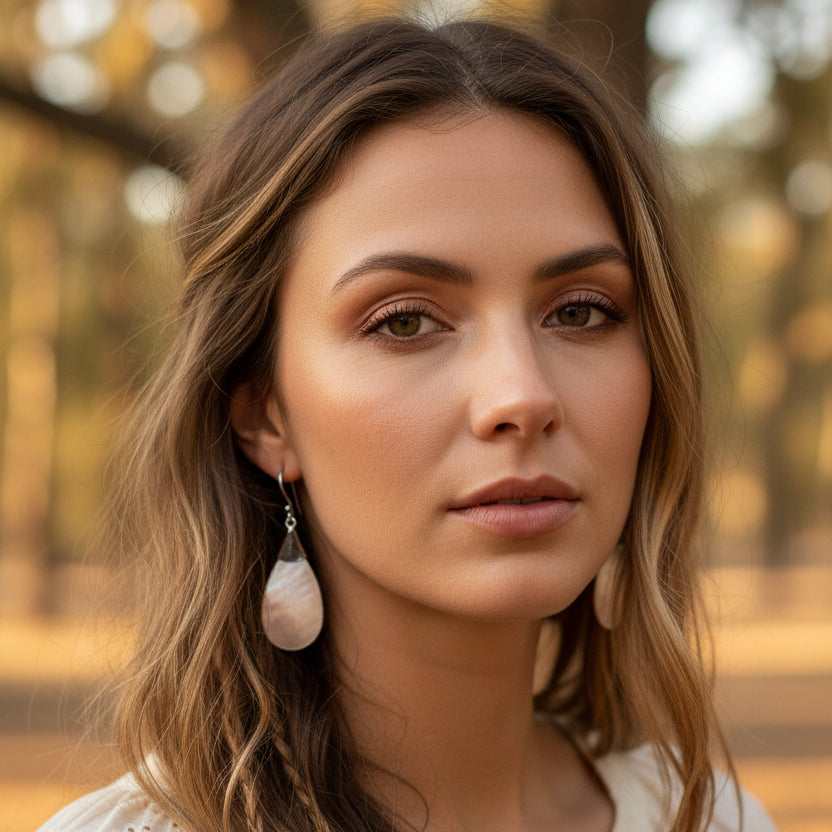 Pair of mother of pearl earrings worn by a lady