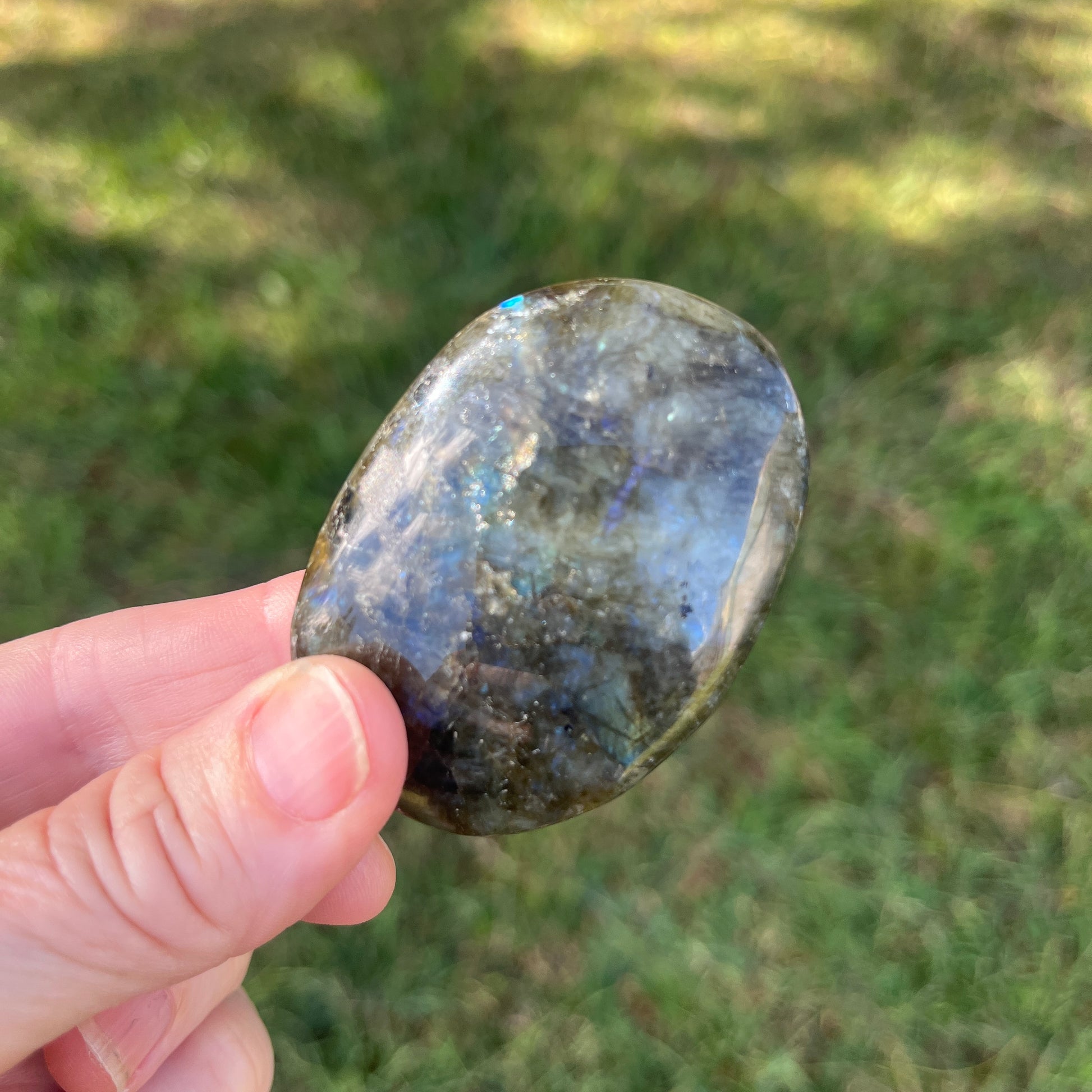 Hand holding a labradorite stone with a blurred grassy background