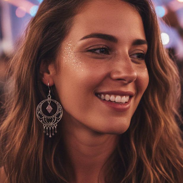 Pair of silver earrings with circular designs and dangling elements worn at a festival