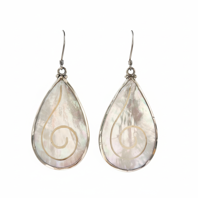 Teardrop-shaped earrings with spiral patterns on a white background