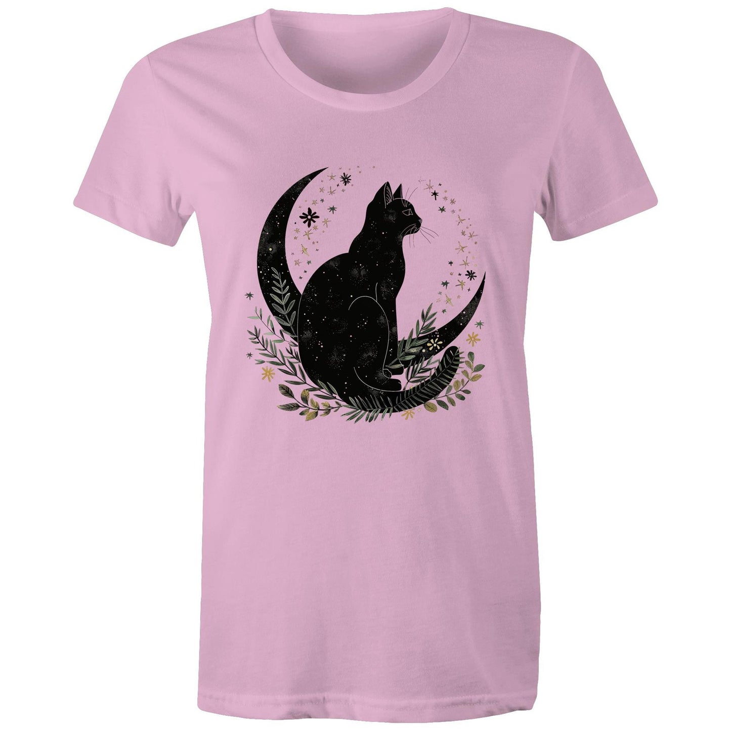 Earthfolk Printed T Shirt - Women's Relaxed Fit - Moon Cat - The Crescent Moon