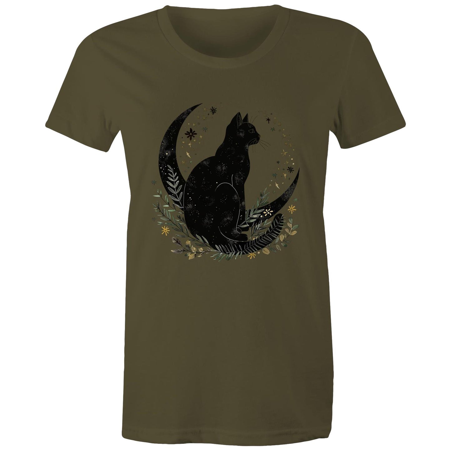 Earthfolk Printed T Shirt - Women's Relaxed Fit - Moon Cat - The Crescent Moon