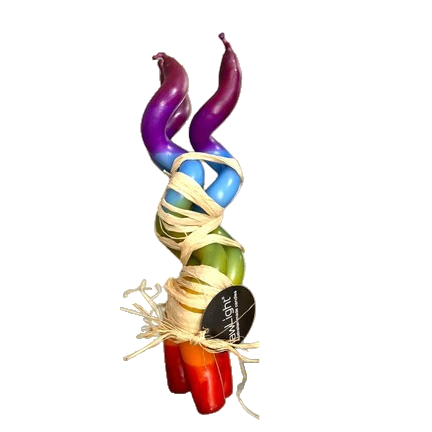 Colorful twisted candles with rawLight branding on a white background