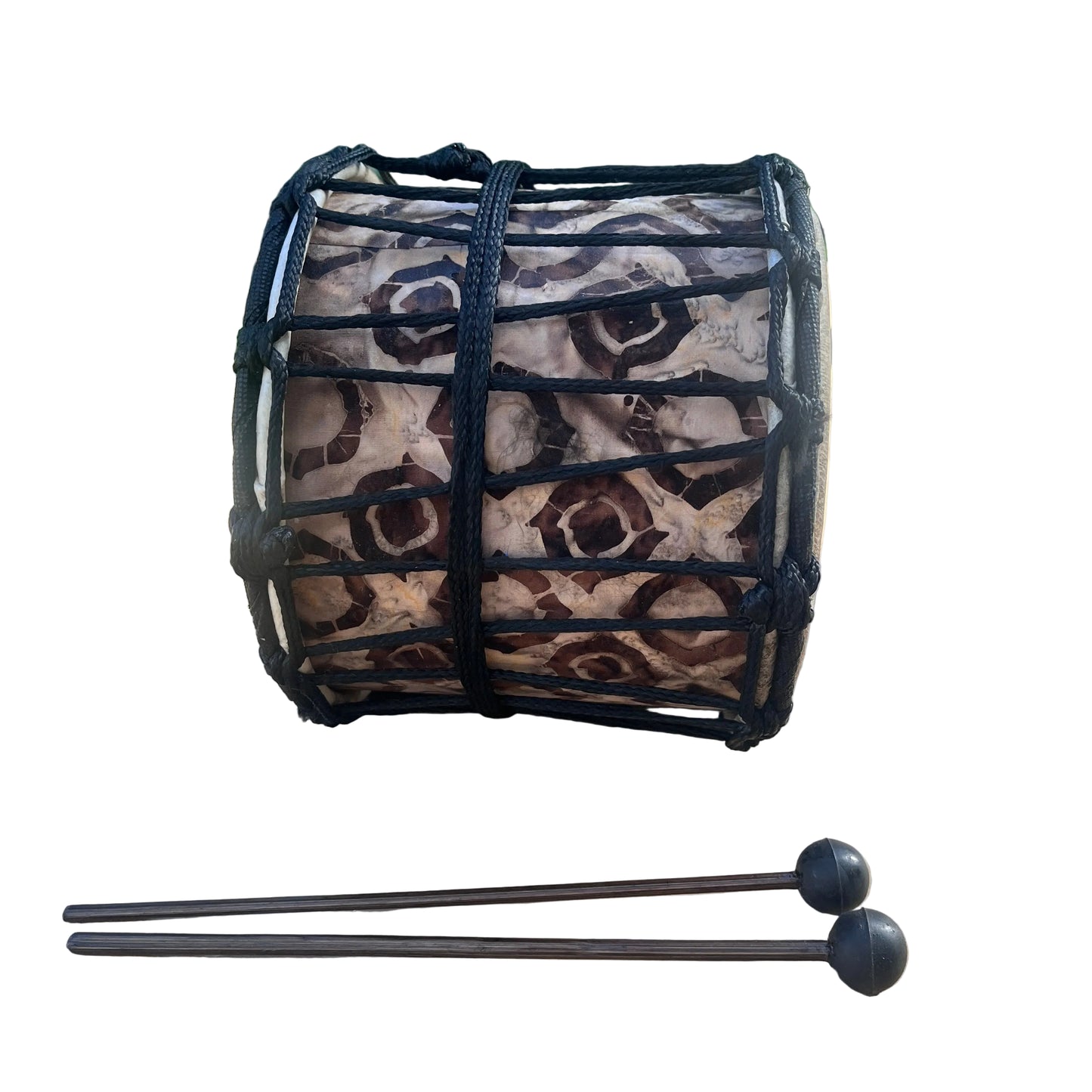 A hand drum with a brown and beige patterned skin and black cord wrap, shown with two mallets in the foreground.