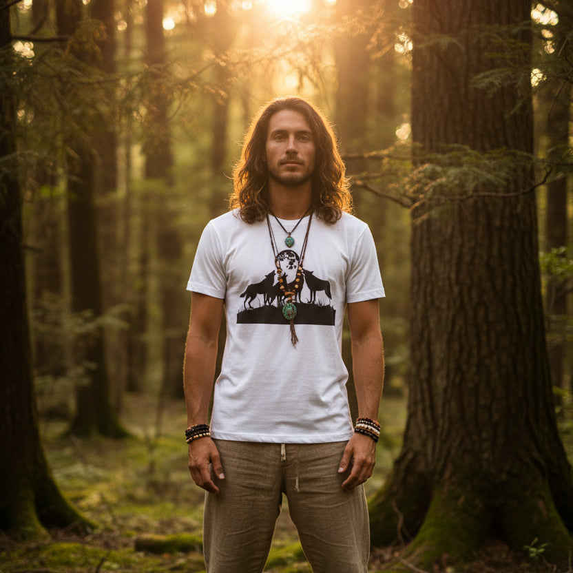 A white short-sleeve crewneck t-shirt featuring a black graphic print of three howling wolves in silhouette facing a full moon on the chest.