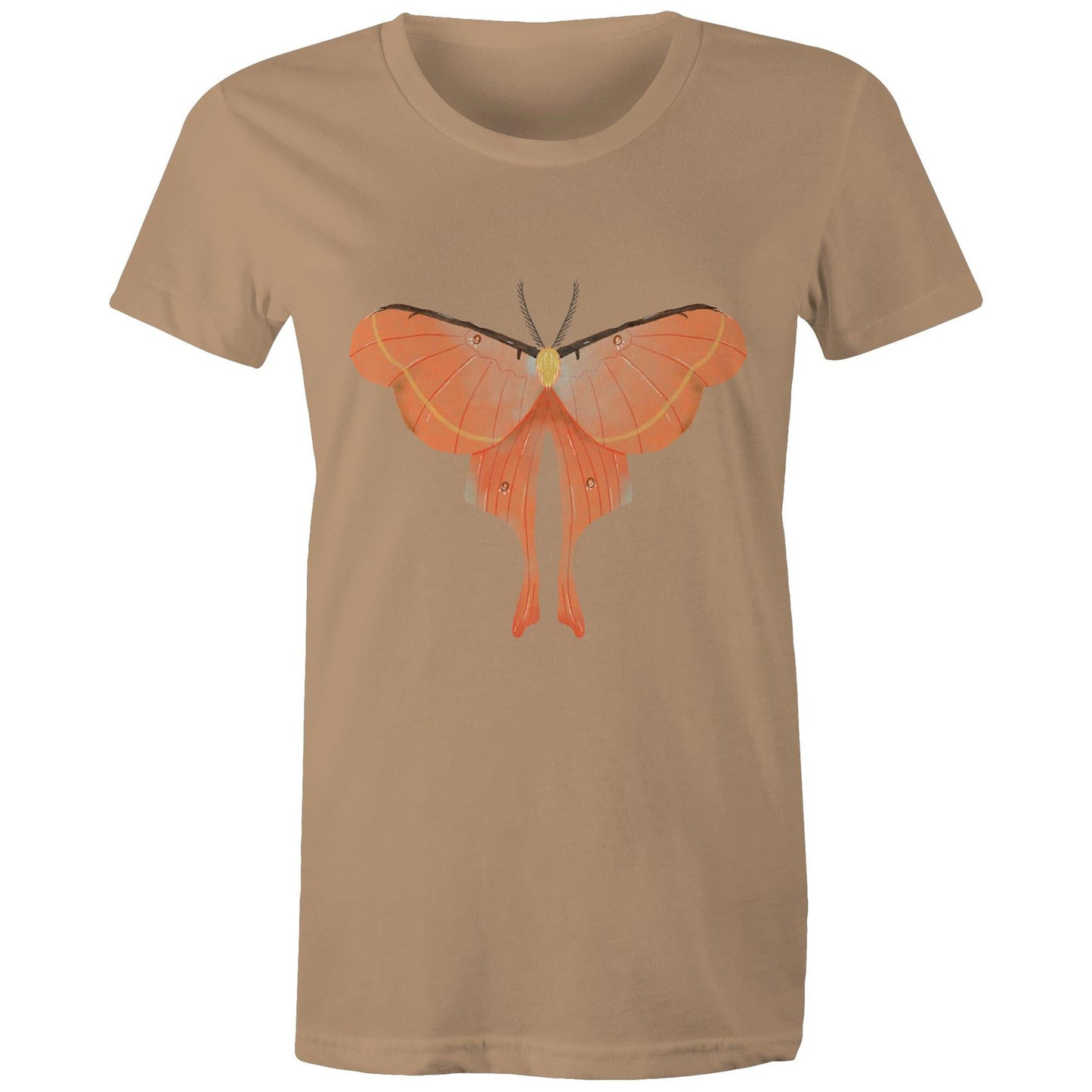 Earthfolk Printed T shirt - Women's Relaxed Fit - Orange Moth - The Crescent Moon