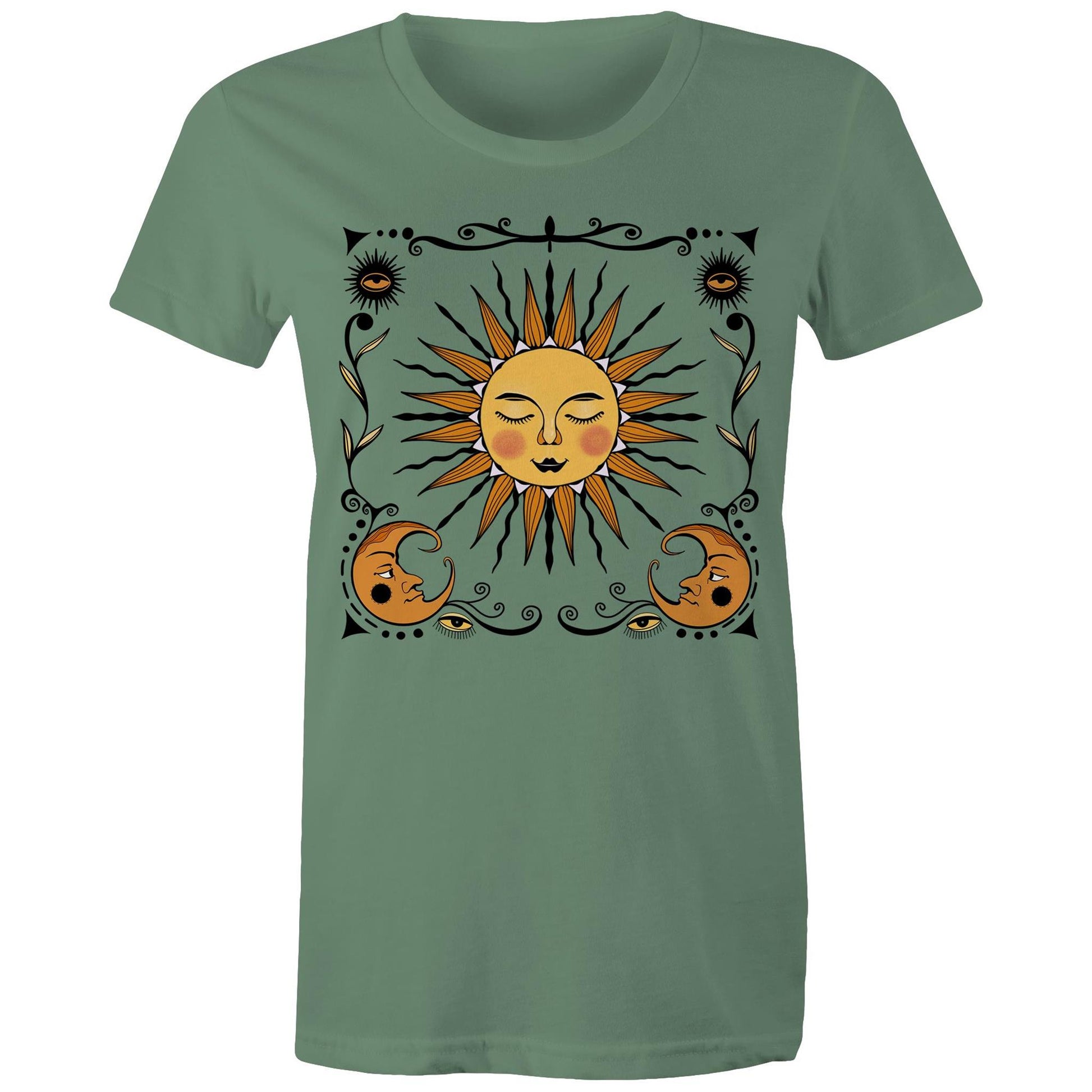 Women's Earthfolk T shirt - Retro sun and moon - The Crescent Moon