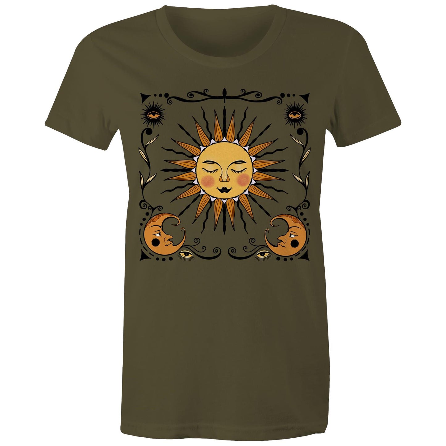 Women's Earthfolk T shirt - Retro sun and moon