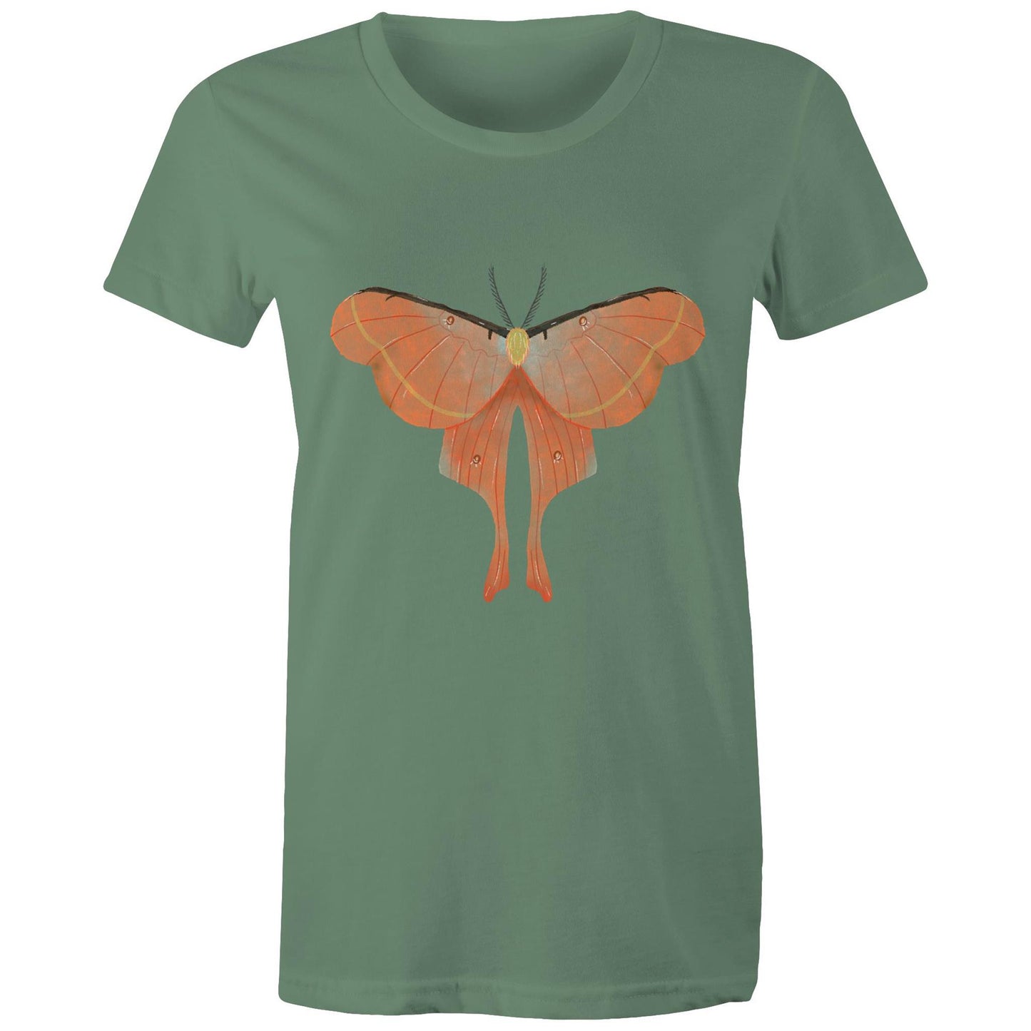 Earthfolk Printed T shirt - Women's Relaxed Fit - Orange Moth - The Crescent Moon