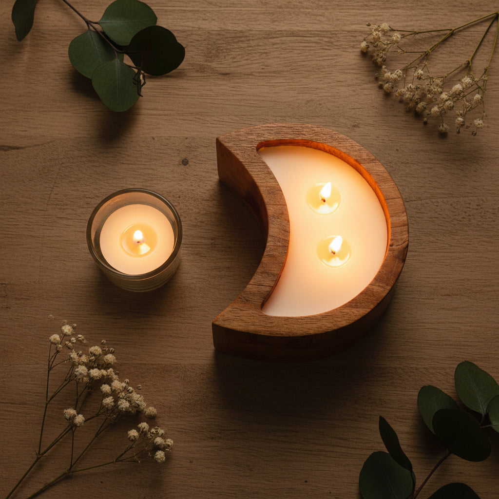 A crescent moon-shaped wooden candle holder containing a white wax candle with two wicks,