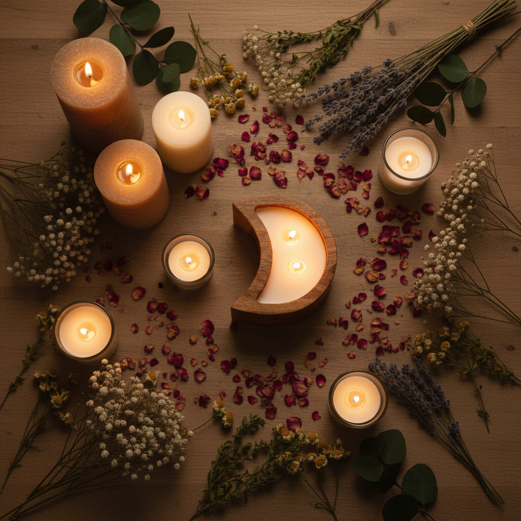 A crescent moon-shaped wooden candle holder with two lit candles, styled on a wooden tabletop alongside a small glass candle holder and dried flowers and green leaves.