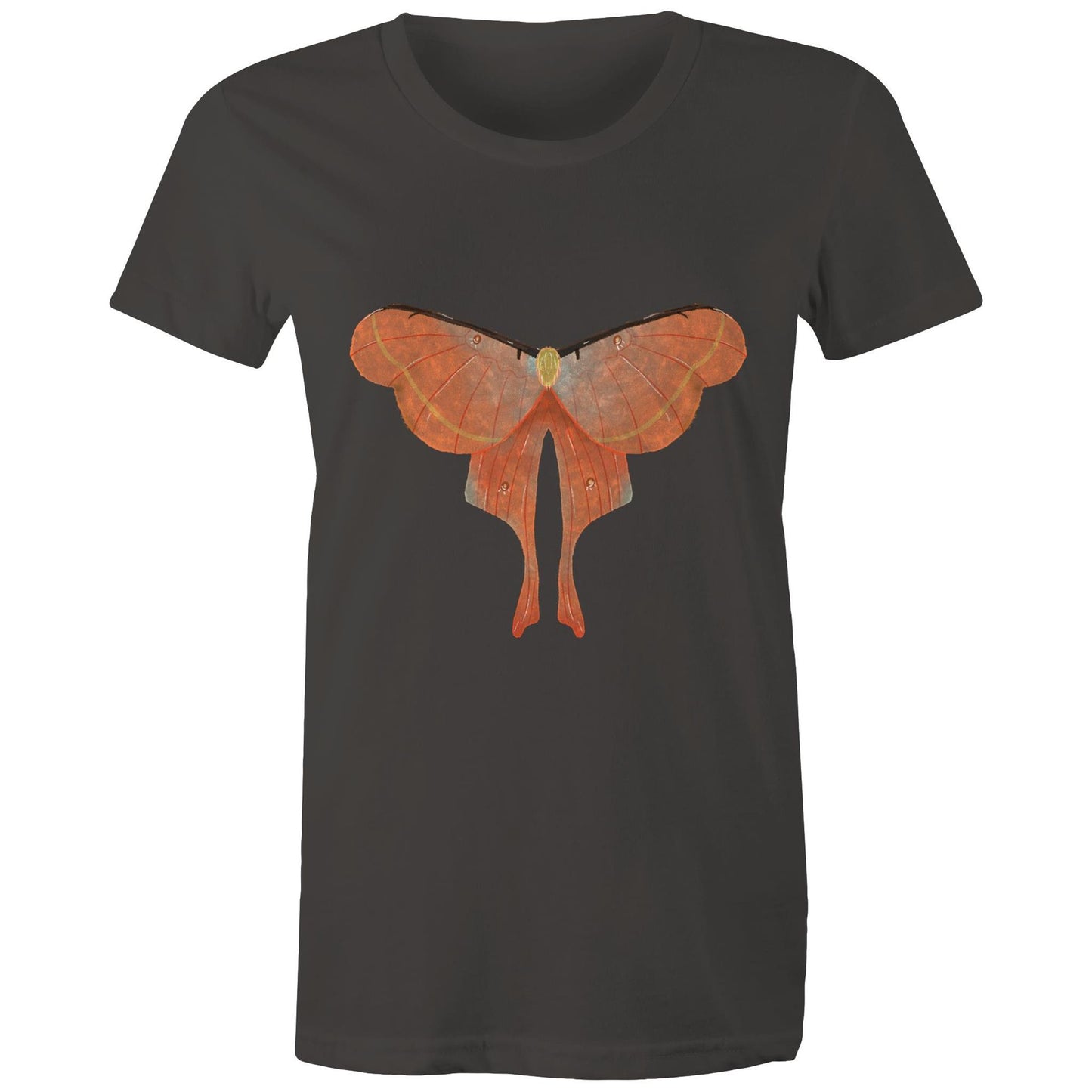 Earthfolk Printed T shirt - Women's Relaxed Fit - Orange Moth - The Crescent Moon