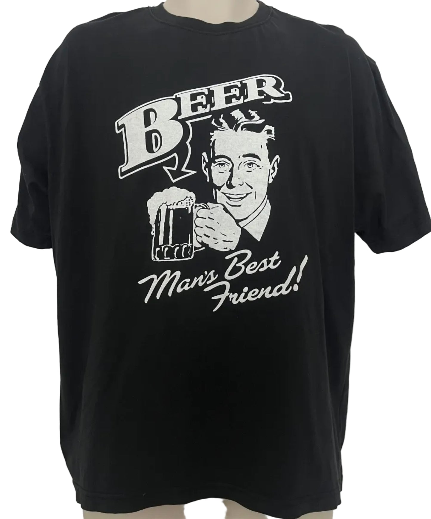 Black t-shirt with white graphic and text on a white background