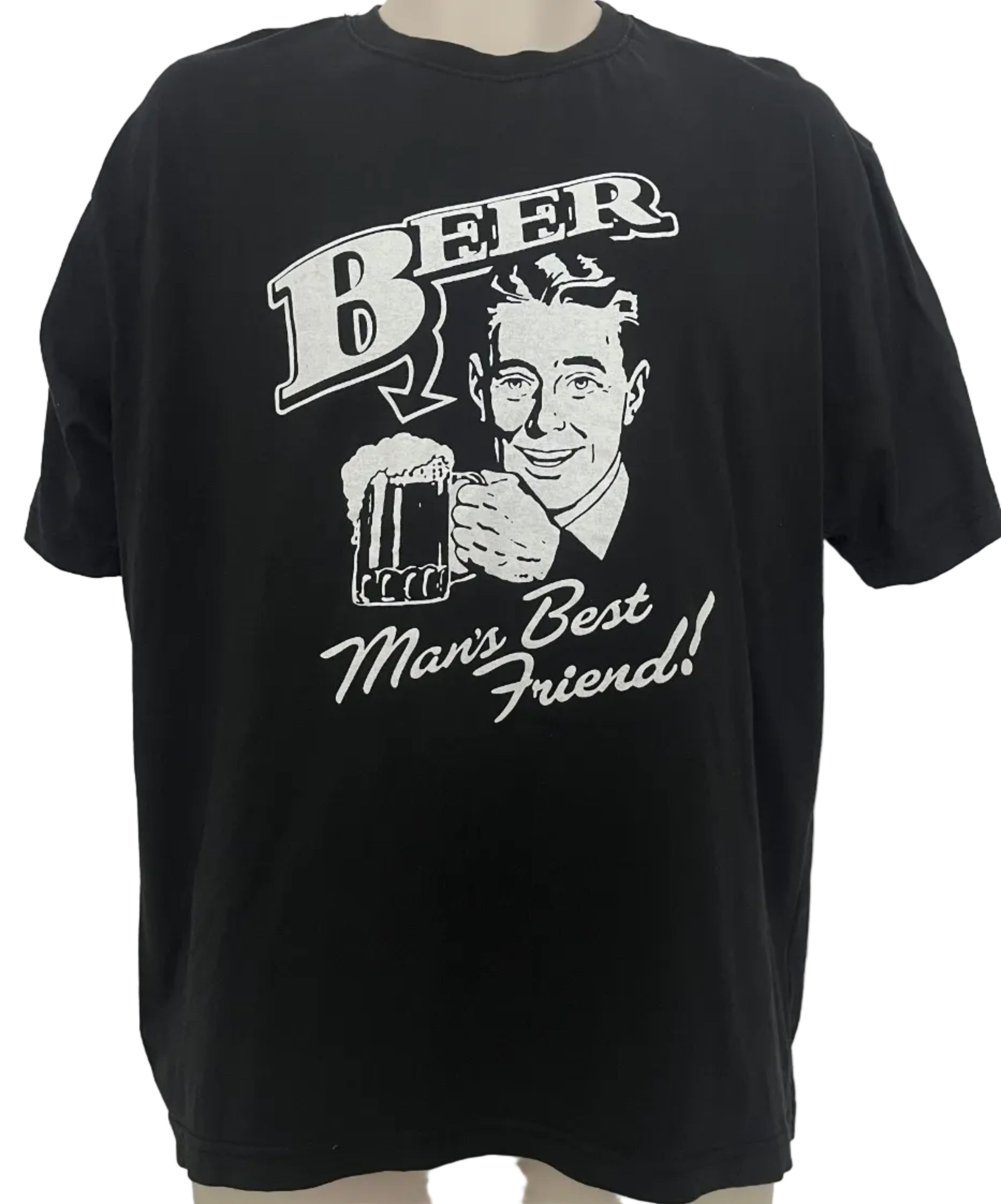 Black t-shirt with white graphic and text on a white background