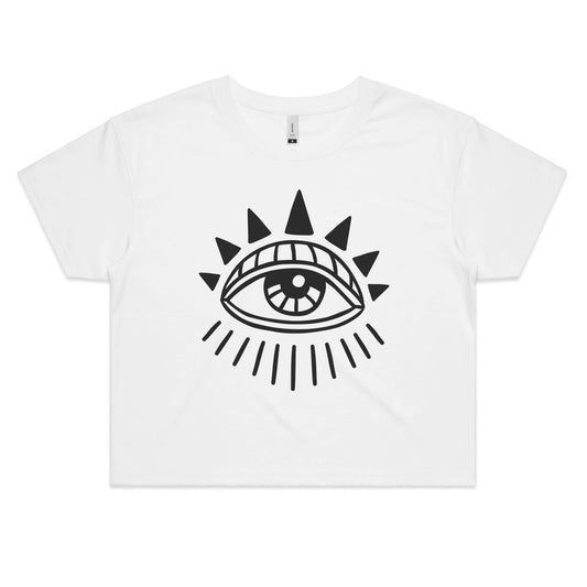 Earthfolk Printed T shirt - Women's Crop Tee- Boho Eye - The Crescent Moon