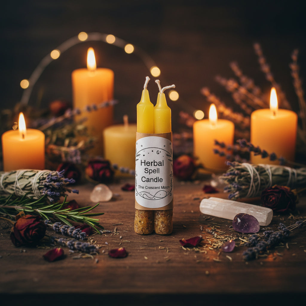 Three yellow herbal wax candles in a bundle wrapped in kraft paper with a white label reading 'Herbal Spell Candle' and 'The Crescent Moon'.