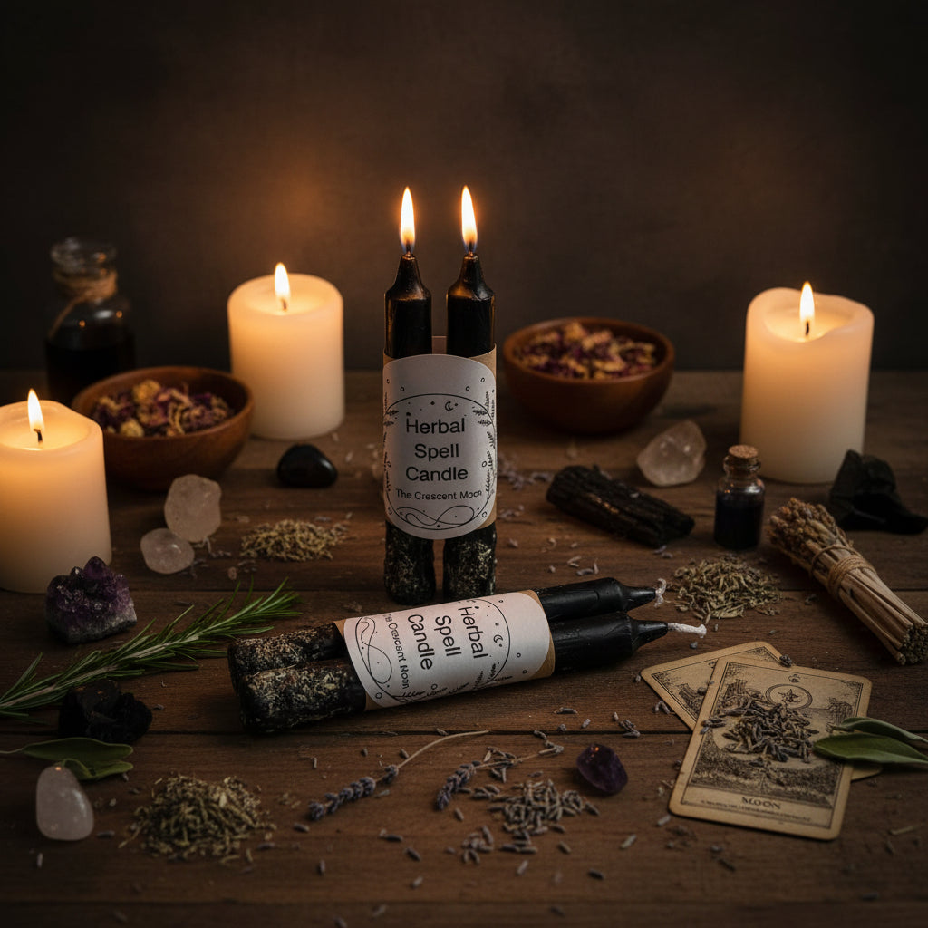 Three black wax candles with textured, bark-like tops are bundled together with a white paper label that reads 'Herbal Spell Candle' and 'The Crescent Moon.' 