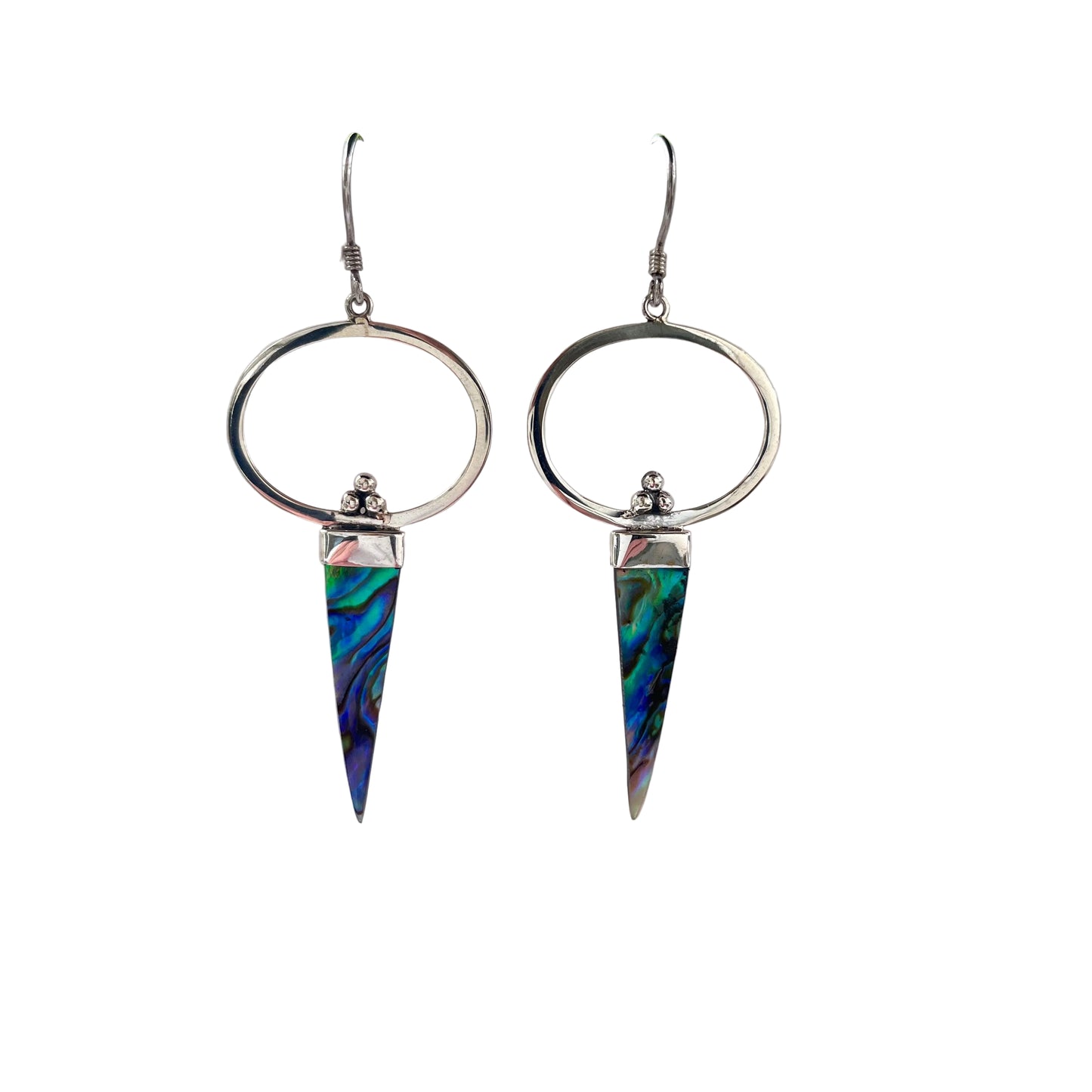 Pair of earrings with circular top and spear-shaped bottom on a white background