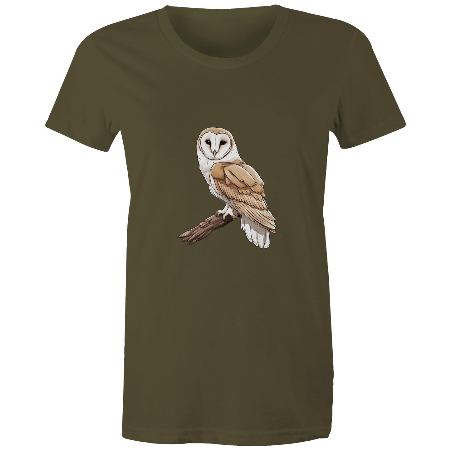 Women's Earthfolk T shirt - Barn Owl on Branch - The Crescent Moon