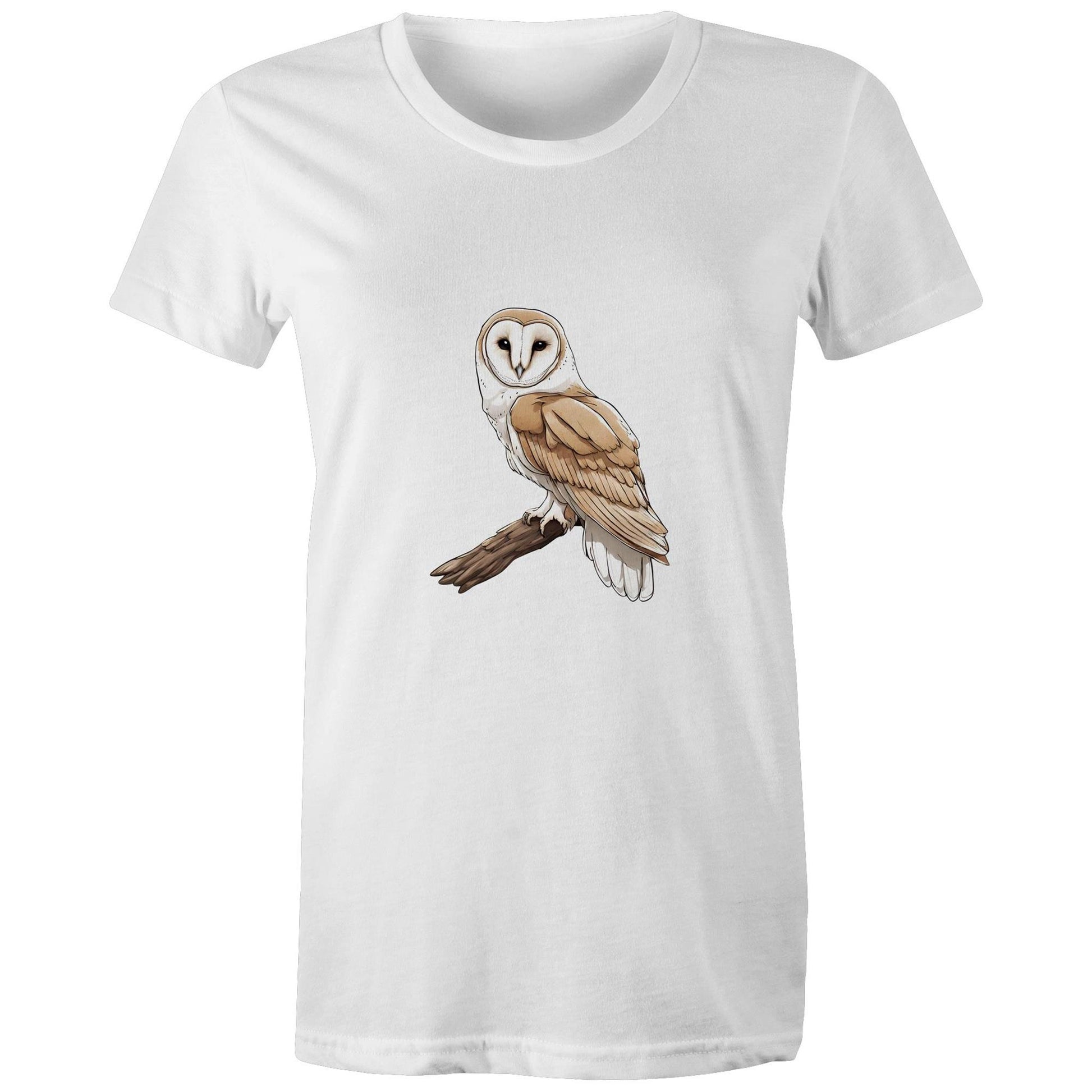 Women's Earthfolk T shirt - Barn Owl on Branch - The Crescent Moon