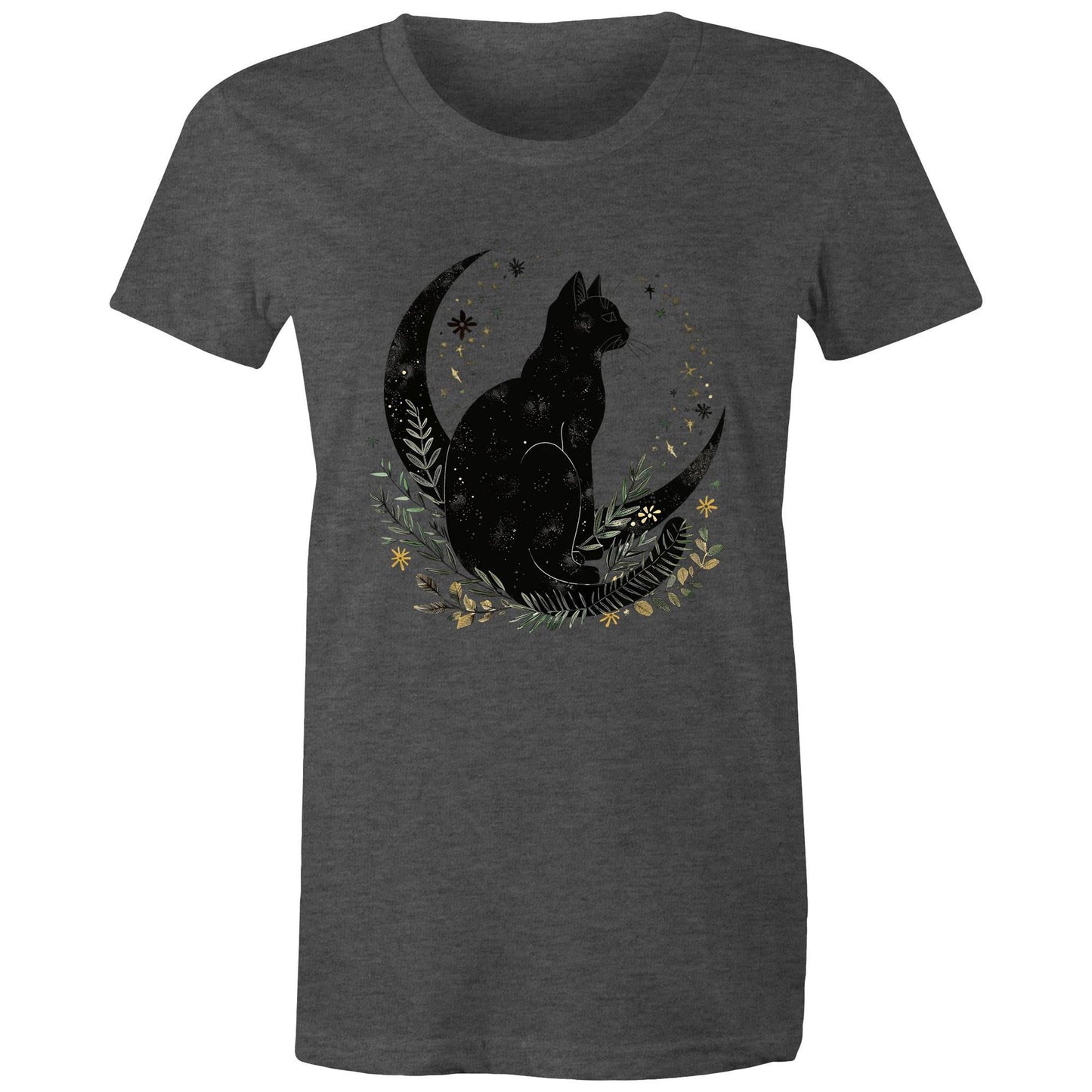 Earthfolk Printed T Shirt - Women's Relaxed Fit - Moon Cat - The Crescent Moon