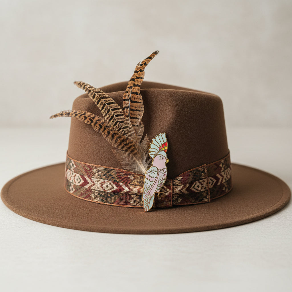 Pink cockatoo enamel pin on a brown felt hat with feathers
