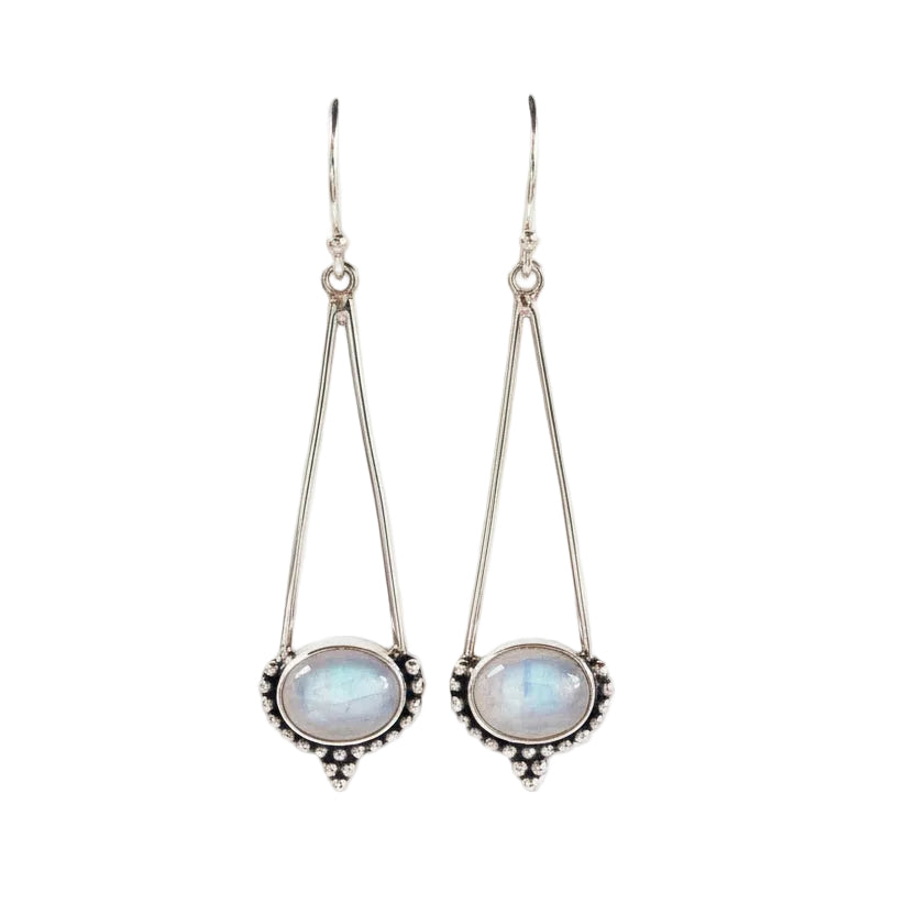 Pair of silver earrings with circular stones on a white surface 
