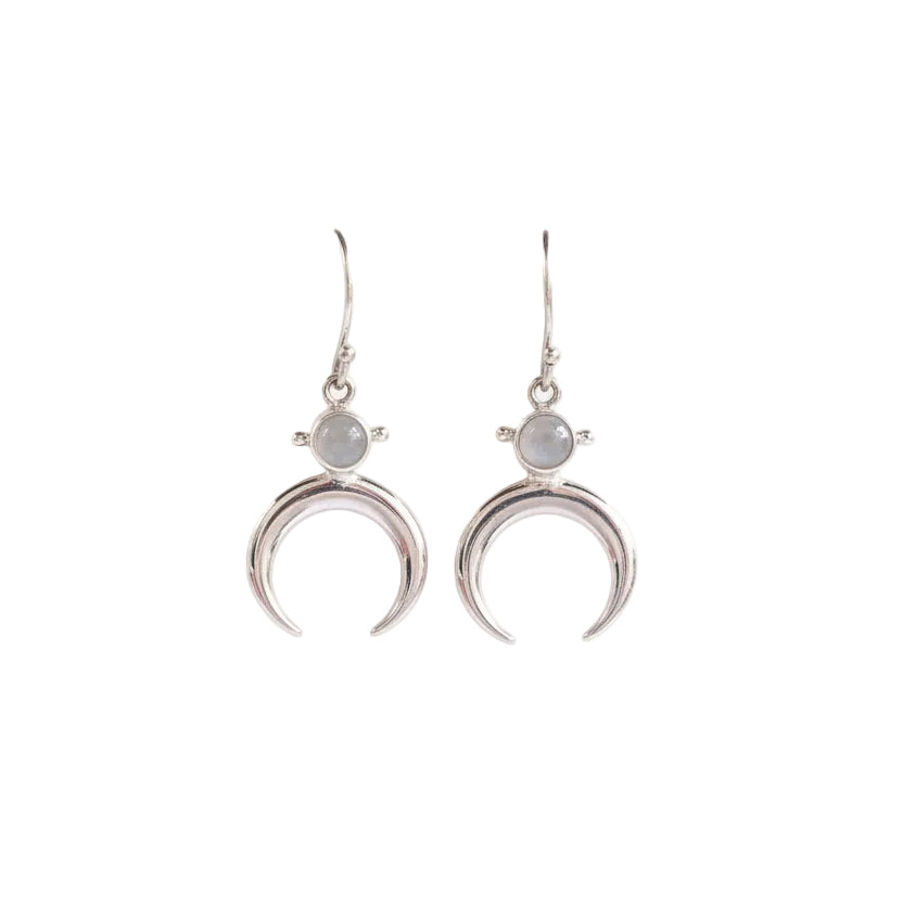 Sterling Silver Rainbow Moonstone Earrings - Crescent Moon