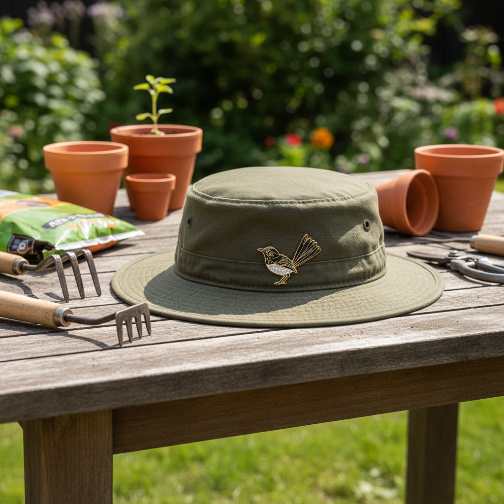 Enamel pin of a Willie Wagtail on a gardening hat