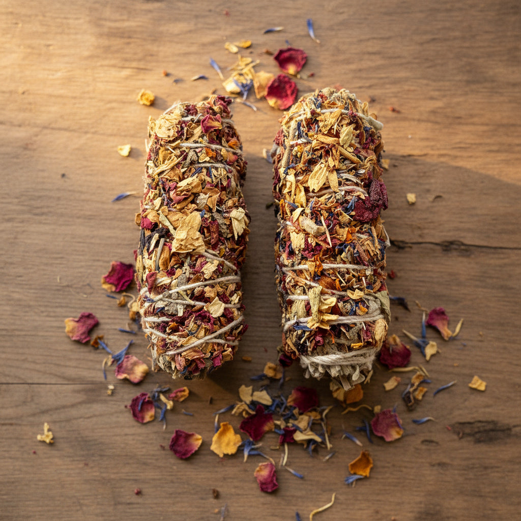 Two dried flower and herb bundles wrapped in white string, 