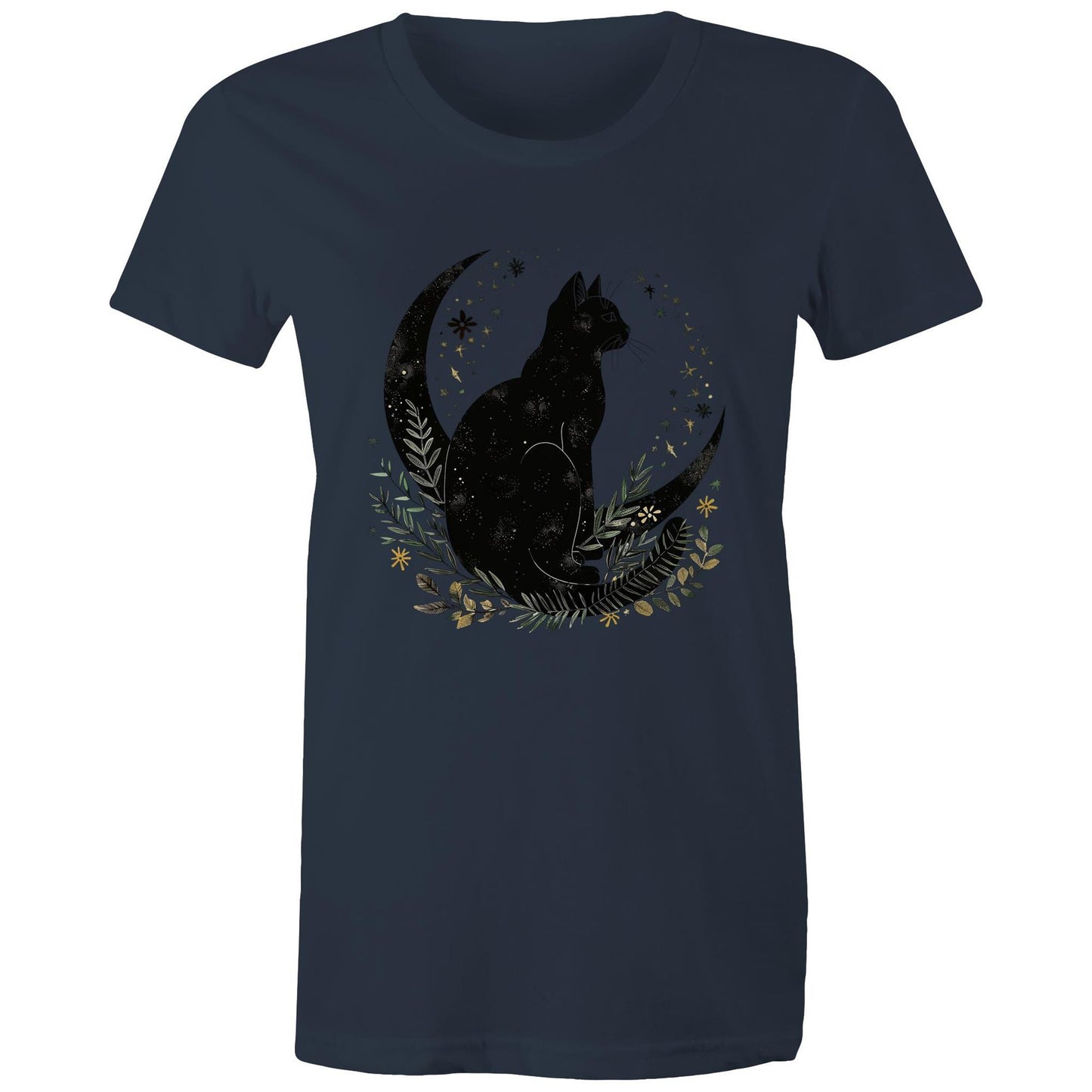 Earthfolk Printed T Shirt - Women's Relaxed Fit - Moon Cat - The Crescent Moon